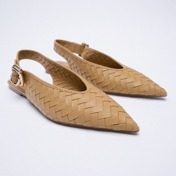 NWT Zara Tan Pointed Toe Woven Buckle Ankle Strap Slingback Flats - Picture 5 of 11